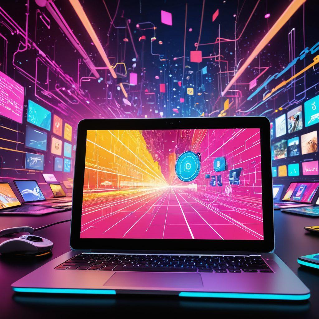 A vibrant and modern digital landscape featuring a variety of devices like laptops, tablets, and smartphones displaying adult entertainment content. Include abstract representations of data streams, security locks, and playful avatars to symbolize safety and exploration in the digital ecosystem. Use bright and inviting color schemes to convey a sense of positivity and adventure. futuristic style. vibrant colors.