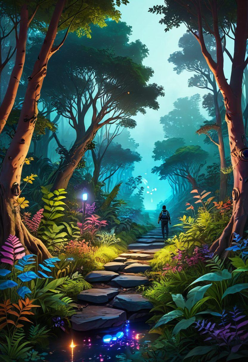 A serene digital landscape depicting a safe online space, featuring a lush virtual forest with glowing pathways symbolizing guidance. Include diverse characters navigating the landscape, safely interacting with various digital devices, while a glowing shield icon represents security and protection. The scene should evoke a sense of exploration and safety in the online world. vibrant colors. super-realistic. 3D.