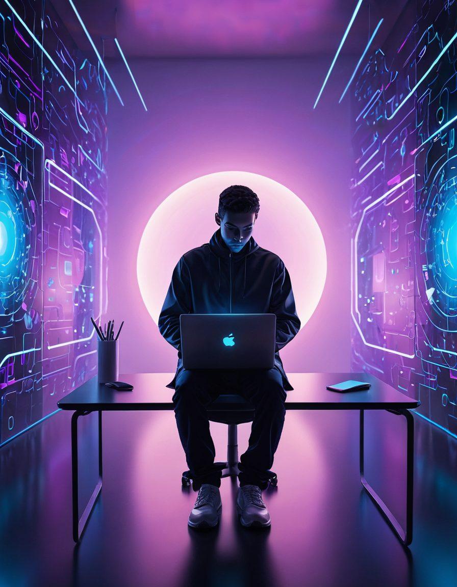 A serene virtual environment representing responsible browsing, featuring a glowing shield protecting a silhouette of a person using a laptop amidst an abstract backdrop of digital locks and keys. The scene includes subtle privacy icons floating gently around, symbolizing safety. The color palette consists of calming blues and purples, with light reflections for a surreal effect. futuristic digital style. vibrant colors. 3D.